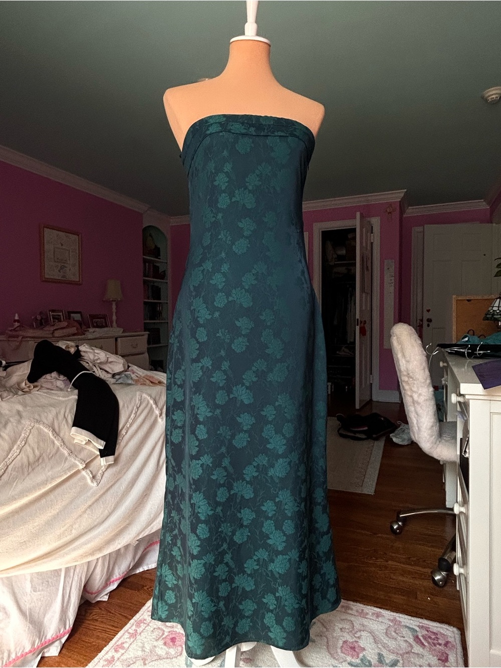 Strapless Teal Floral Evening Maxi Dress